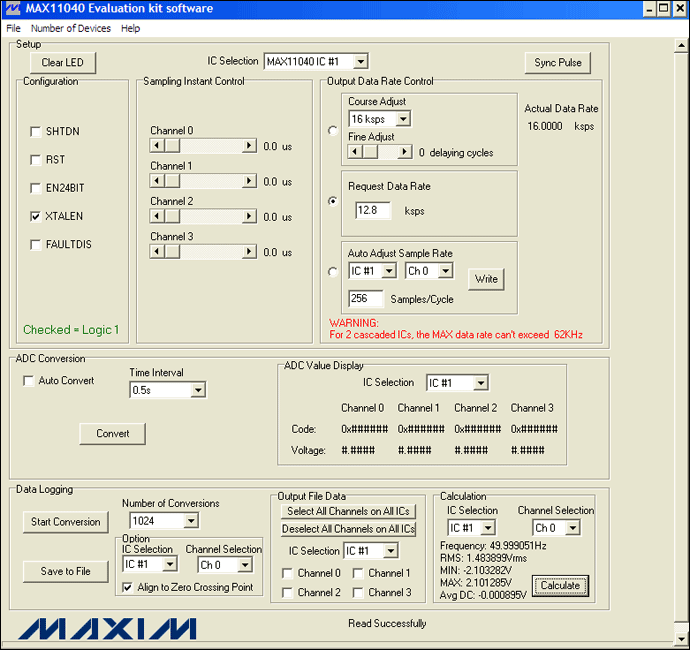 圖4. MAX11040EVKIT GUI允許用戶方便地設(shè)置各種測量條件：12.8ksps、256采樣點(diǎn)/周期和1024次轉(zhuǎn)換。此外，GUI的計(jì)算部分提供了一個(gè)進(jìn)行快速工程運(yùn)算的便捷工具。