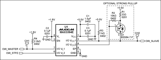 圖1. 1-Wire雙向電平(1.8V至5V)轉(zhuǎn)換器電路原理圖，注意，引腳I/O VL和I/O VCC具有10kΩ內(nèi)部上拉。